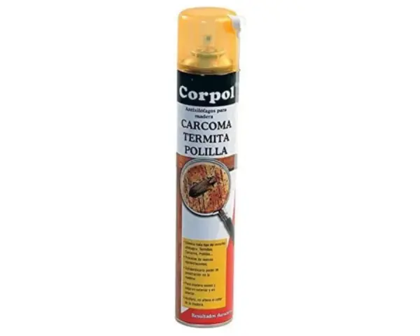 Spray para eliminar carcoma, termitas y polilla de la madera. Protege tus muebles y estructuras de estos insectos.