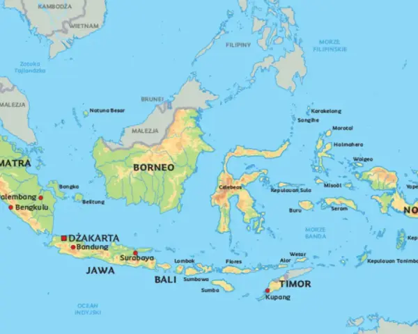Mapa Indonezji pokazuje, gdzie jest Bali, między Sumatrą a Nową Gwineą, na południe od Borneo.