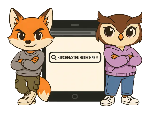 Fuchs und Eule vor einem Smartphone mit Suchleiste "Kirchensteuerrechner". Sie wollen wissen, wie hoch der Kirchensteuer prozent ist.