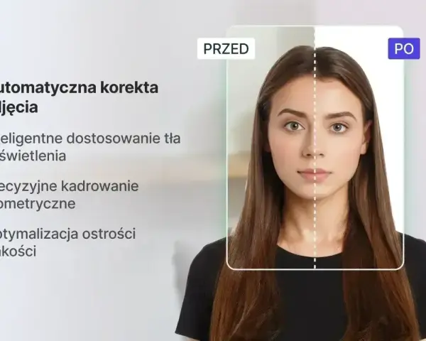 Automatyczna korekta zdjęcia z precyzyjnym kadrowaniem biometrycznym. Zobacz, jak inteligentne dostosowanie tła i oświetlenia poprawia jakość.