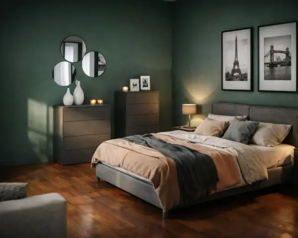 Camera da letto con pareti verde scuro, letto accogliente, due comodini con lampade, cassettiere e quadri di Parigi e Londra.