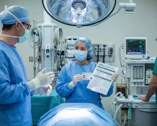 Pielęgniarka omawia przygotowanie pacjenta do zabiegu operacyjnego, prezentując checklistę bezpieczeństwa.