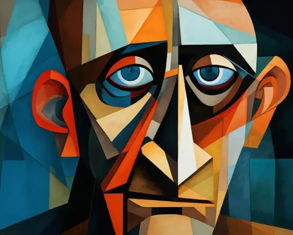 Portret w stylu kubistycznym, ukazujący twarz zdekonstruowaną na geometryczne kształty. To jakby spojrzenie w głąb duszy, typowe dla pewnego okresu w sztuce Pabla Picassa.