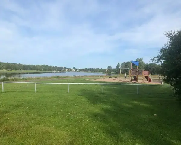 Lekplats med gungor och klätterställning vid en sjö, perfekt för familjer på Malung camping.