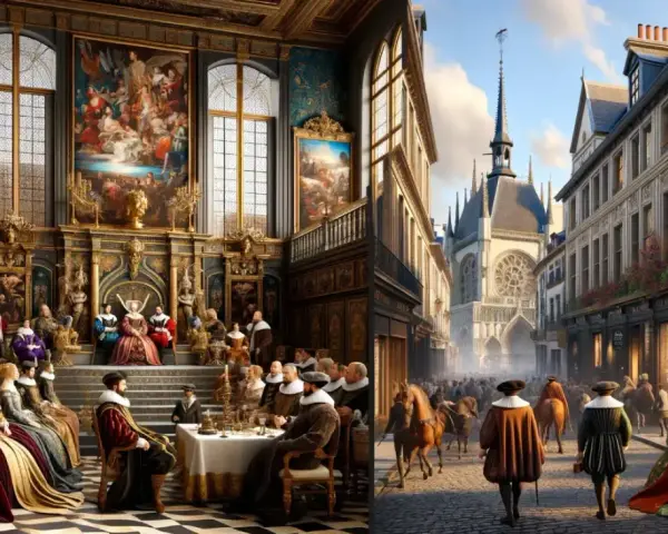 Scène de cour fastueuse et rue animée, évoquant l'esprit de la renaissance. Nobles en costumes d'époque, architecture grandiose.