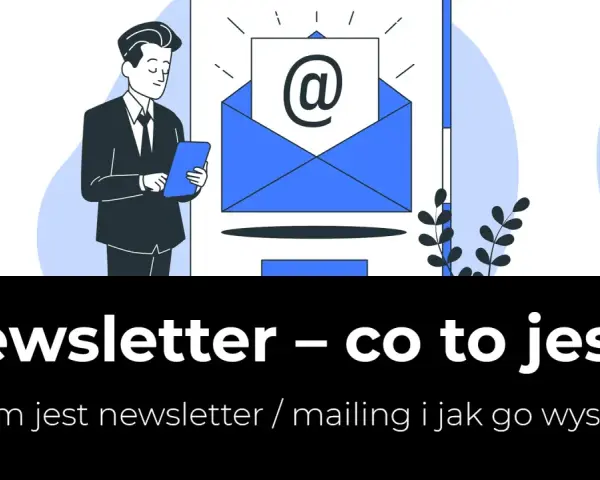 Ilustracja wyjaśnia, newsletter co to jest. Mężczyzna z tabletem patrzy na ikonę koperty z symbolem @.