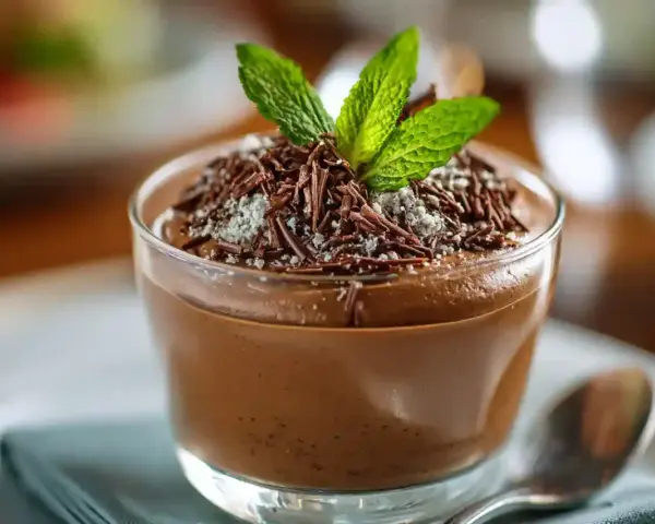 Délicieuse recette mousse au chocolat à l'ancienne, garnie de copeaux de chocolat et d'une touche de menthe fraîche. Un dessert onctueux et gourmand.