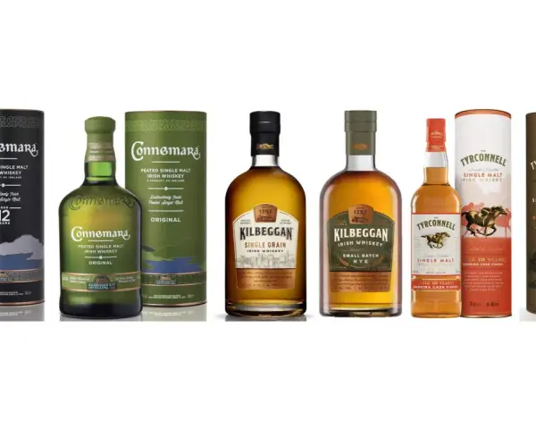 Verschiedene irische Whiskey Sorten: Connemara Peated Single Malt (12 Jahre & Original), Kilbeggan Single Grain & Small Batch Rye, The Tyrconnell Single Malt (Madeira Cask Finish, 15 Jahre).
