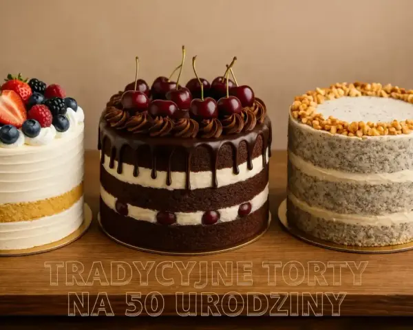 Trzy torty: owocowy, czekoladowy z wiśniami i makowy z orzechami. Idealne życzenia na 50 urodziny!