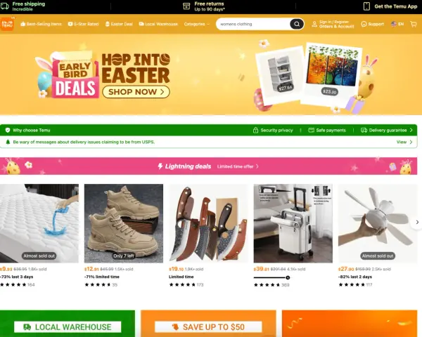Strona główna firmy Temu z ofertami wielkanocnymi i błyskawicznymi okazjami.