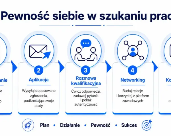 Schemat jak budować pewność siebie w szukaniu pracy: przygotowanie, aplikacja, rozmowa, networking, kontynuacja. Plan, działanie, pewność, sukces.