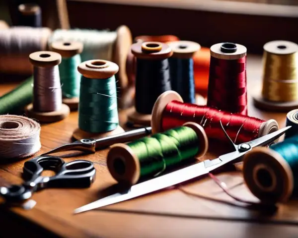 Bobines de fil colorées, ciseaux et une règle pour couture, prêts pour un projet créatif.