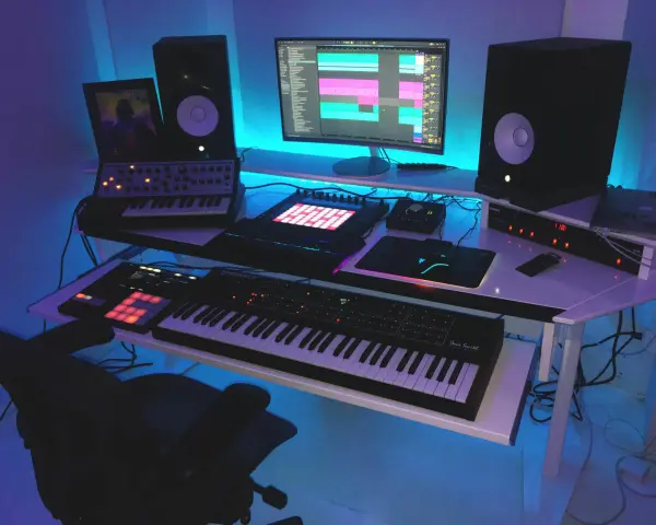 Studio z syntezatorami, kontrolerami i monitorami. Idealne miejsce do tworzenia muzyki, spełniające **fl studio wymagania**.