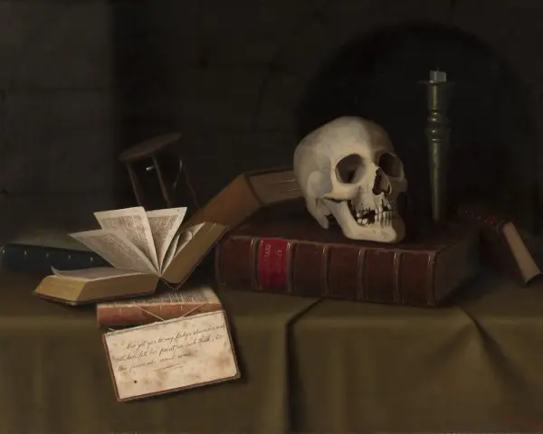 Czaszka na książkach, świeca i listek z cytatem z Szekspira. Memento mori utwory przypominają o przemijaniu.