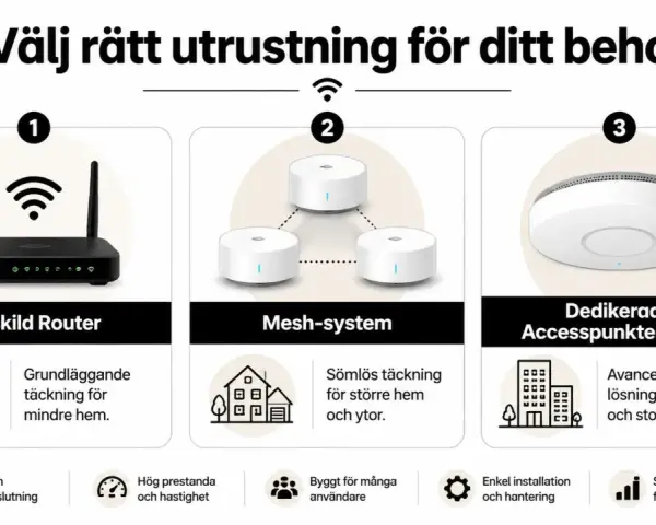 Bilden visar tre typer av nätverksutrustning: en router, ett mesh-system och dedikerade accesspunkter (APs). Varje typ beskrivs med sina fördelar, som grundläggande täckning för mindre hem, sömlös täckning för större ytor, eller avancerade, skalbara lö...