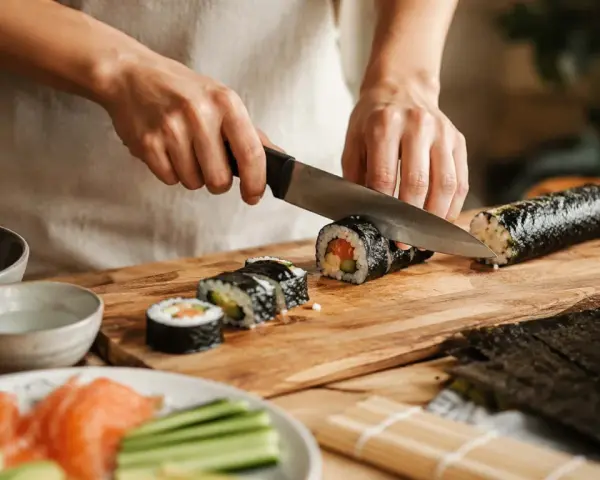 Oto jak się robi sushi: ręce kroją rolkę sushi na desce. Obok ryż, łosoś, awokado i ogórek.