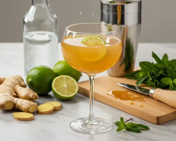 Un verre de boisson dorée garni d'une tranche de citron vert, entouré de gingembre frais, de citrons verts et de menthe. Une préparation pour une infusion gingembre citron rafraîchissante.