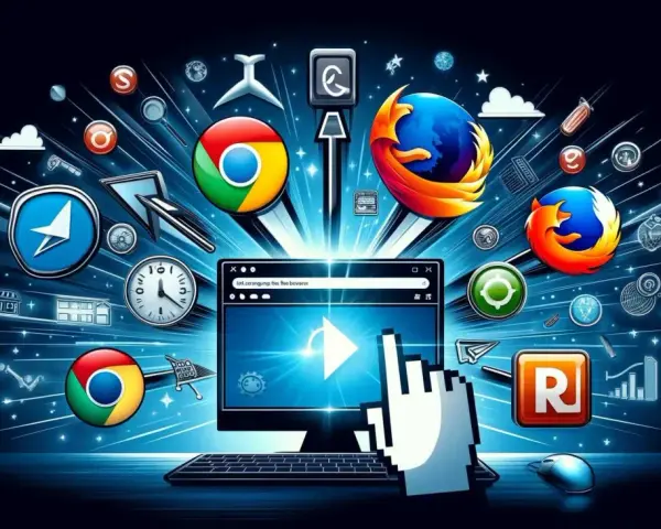 Ikony przeglądarek internetowych (Chrome, Firefox) i komputer z kursorem myszy na tle sieci.