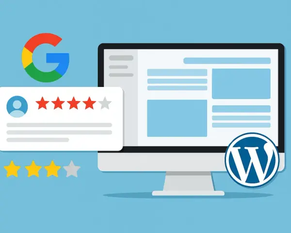 Un ordinateur affiche un site web WordPress. À côté, le logo Google et une bulle d'avis avec des étoiles, symbolisant un plugin WordPress avis Google.
