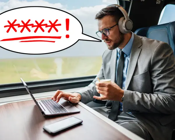 Biznesmen w pociągu próbuje połączyć się z intercity wifi, ale hasło jest nieprawidłowe.