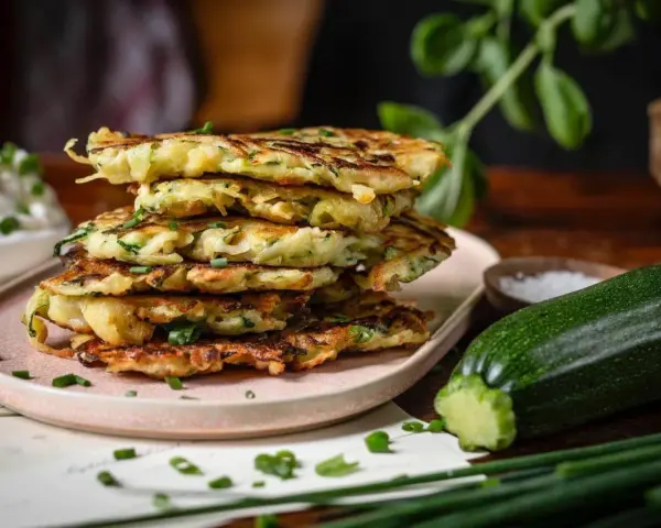 Stapel goldbrauner Zucchini Kartoffel Puffer, garniert mit Schnittlauch, neben frischem Zucchini und einer Schüssel Sauerrahm.