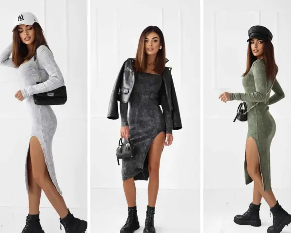Trzy młode kobiety prezentują modny styl ubioru: szare, grafitowe i khaki sukienki z wysokim rozcięciem, botki i torebki.
