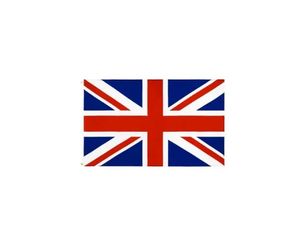 Flaga Wielkiej Brytanii: białe tło, na nim Union Jack z czerwonym krzyżem i białymi pasami na niebieskim tle.