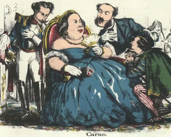 Caricatura del reinado de Isabel II: una reina obesa recibe pleitesía de cortesanos.