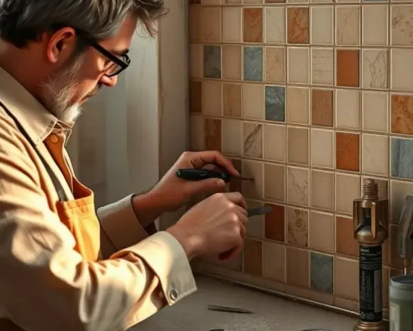 Un homme répare un mur carrelé. Il utilise des outils pour travailler sur les joints, peut-être pour comprendre qu'est-ce qu'un mortier.
