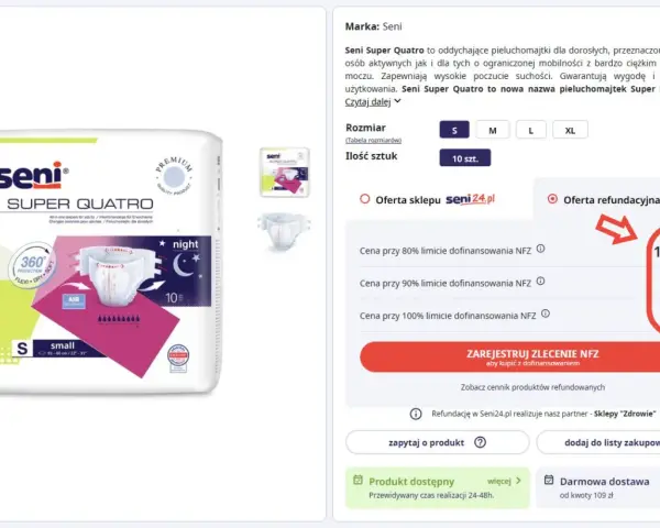 Pieluchomajtki Seni Super Quatro w rozmiarze S, opakowanie zawiera 10 sztuk. Cena z refundacją NFZ 100% to 7,20 zł.