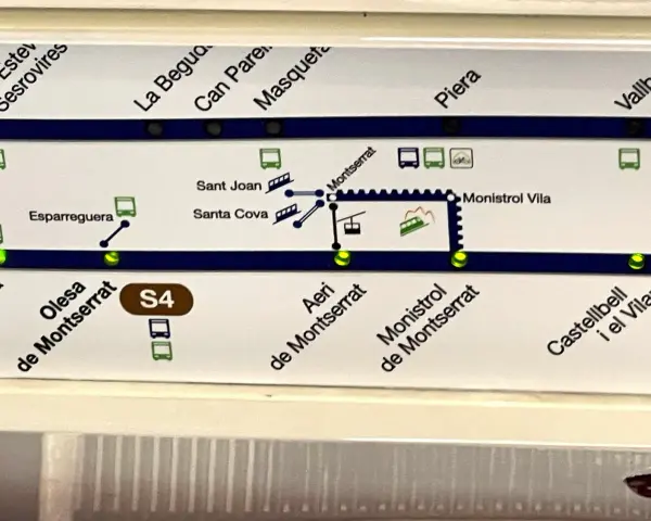 A train route map showing the S4 line with stations like Esparreguera, Montserrat, and Castellbell.