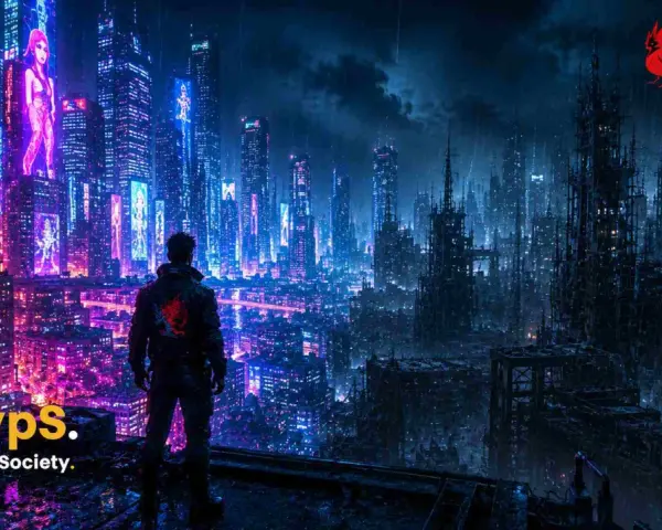 Mroczne, neonowe miasto w stylu cyberpunk 2. Postać patrzy na rozświetlone wieżowce.