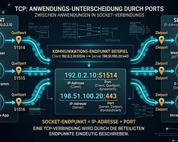 TCP nutzt Ports zur Unterscheidung von Anwendungen. Ein Socket-Endpunkt kombiniert IP-Adresse und Port, um eine TCP-Verbindung eindeutig zu beschreiben.