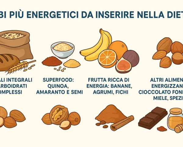 Cibi energetici per una dieta equilibrata, utili anche per chi soffre di ADHD: cereali, superfood, frutta, frutta secca, cioccolato, miele.