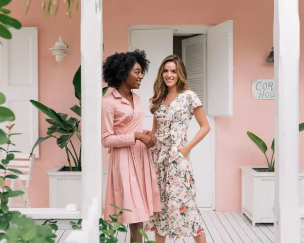 Dos mujeres con vestidos florales y rosados, perfectos para un look smart casual mujer boda.