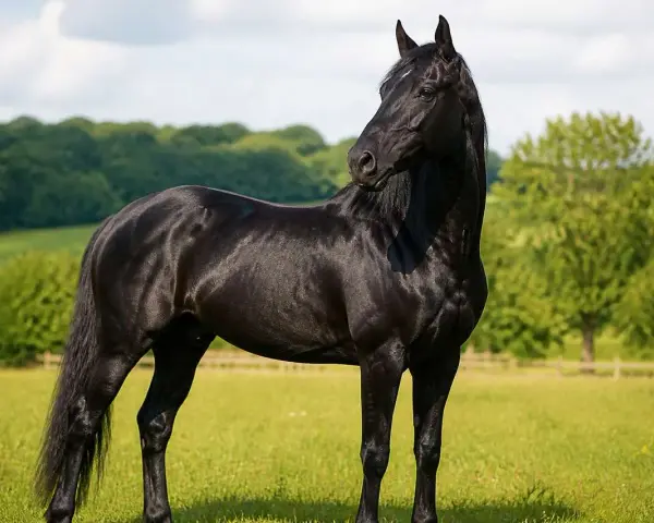 Magnifique cheval noir, digne d'un Jappeloup, se tient dans un pré verdoyant sous un ciel bleu.