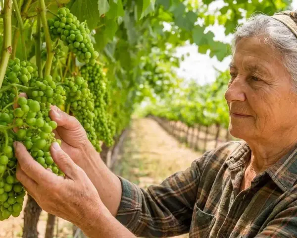 Donna anziana controlla i grappoli d'uva verde in vigna, seguendo il calendario trattamenti vigneto.