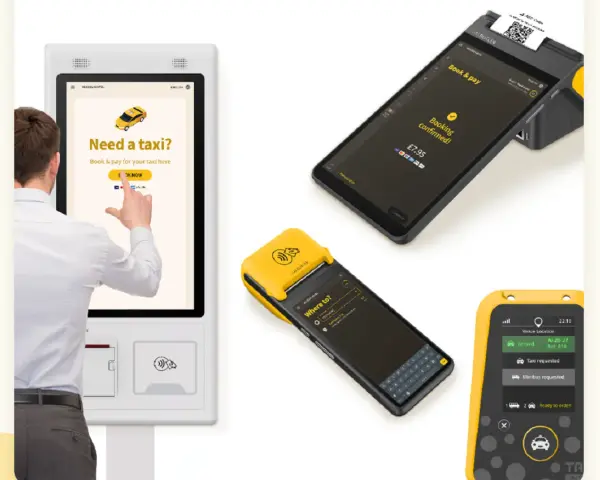 Mann bucht per Touchscreen einen Taxi-Butler. Mehrere Geräte zeigen Buchungsbestätigung und Taxi-Status.