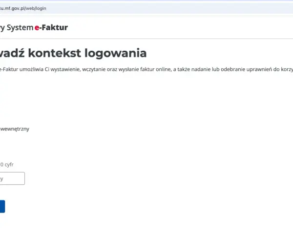 Formularz logowania do Krajowego Systemu e-Faktur. Wybierz identyfikator firmy, wpisz swój NIP i uwierzytelnij.