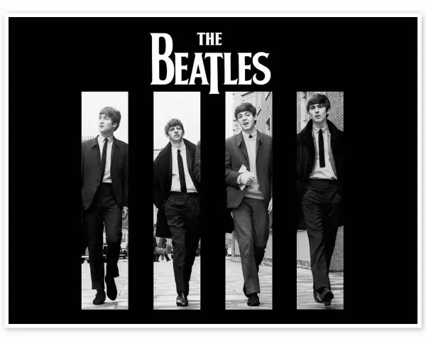 Les Beatles, parmi les 100 meilleurs groupes de rock de tous les temps, défilent en noir et blanc, costumes et cravates.