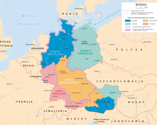 Niemcy i Austria podzielone na strefy: brytyjską, amerykańską, francuską i sowiecką. Różnice w podziale po II wojnie światowej.