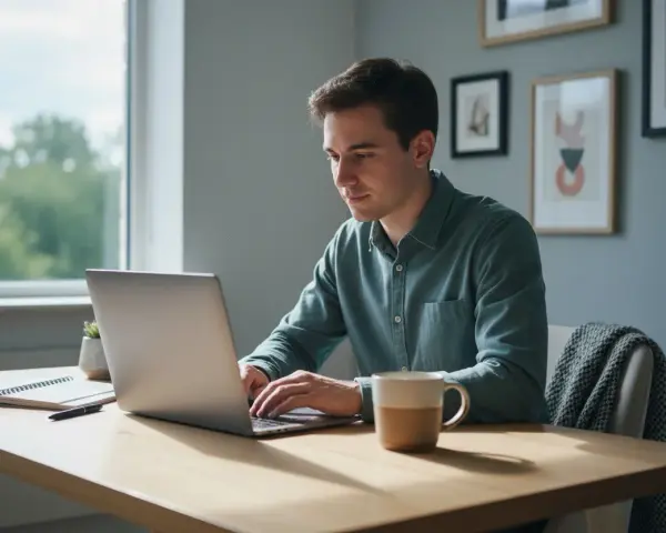 Mężczyzna pracuje na laptopie, przygotowując się do studiów magisterskich online. Na biurku notatnik i kubek kawy.