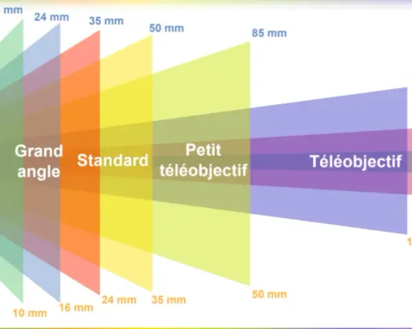 Visualisation des champs de vision selon la focale d'un objectif : grand angle, standard, téléobjectif et super-télé.