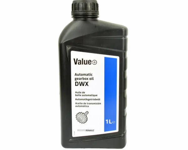 Czarna butelka oleju do automatycznej skrzyni biegów DWX 1L z etykietą Value i logo Renault.