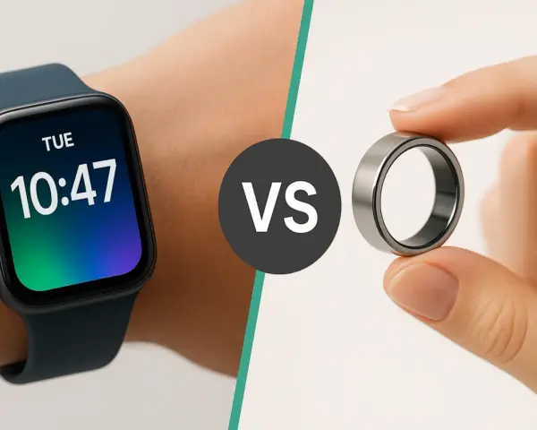 Eine Smartwatch am Handgelenk zeigt die Uhrzeit. Daneben hält eine Hand einen smarten Ring. Was ist eine Smartwatch?