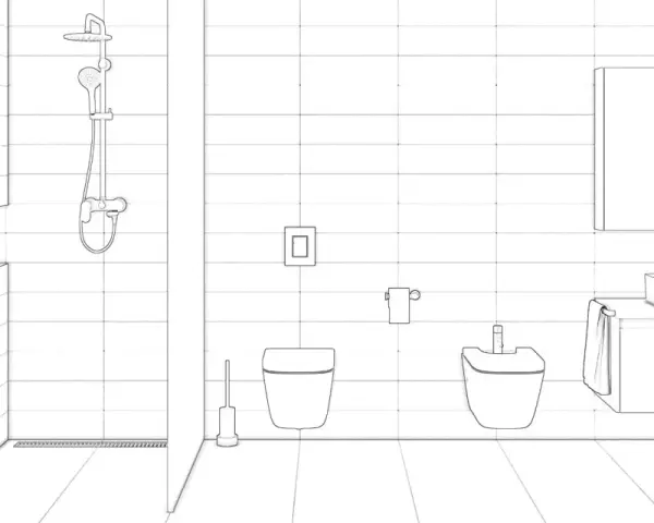 Salle de bain moderne avec douche, lavabo, miroir, toilettes et bidet. Le calepinage du carrelage est visible sur les murs et le sol.