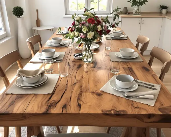 Une table en bois rustique est dressée pour un repas, avec des assiettes, des bols, des verres et un bouquet de fleurs.