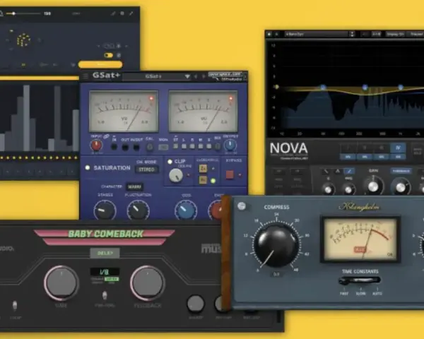 Verschiedene Audio-Plugins, darunter ein EQ, ein Kompressor und ein Delay-Effekt, die als aax plugin für Musikproduktion genutzt werden.