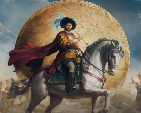 Un conquistador a caballo, con un astrolabio, frente a un globo terráqueo que muestra Europa. A su alrededor, figuras históricas y multitudes celebran la era de Europa Universalis V.