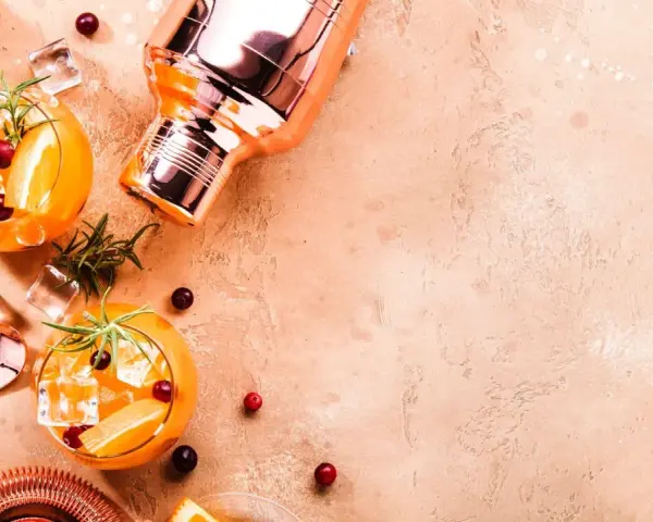 Zwei erfrischende Cocktails mit Orange, Beeren und Rosmarin, dazu ein Shaker. Wer denkt bei diesem Anblick an Wodka Kalorien?